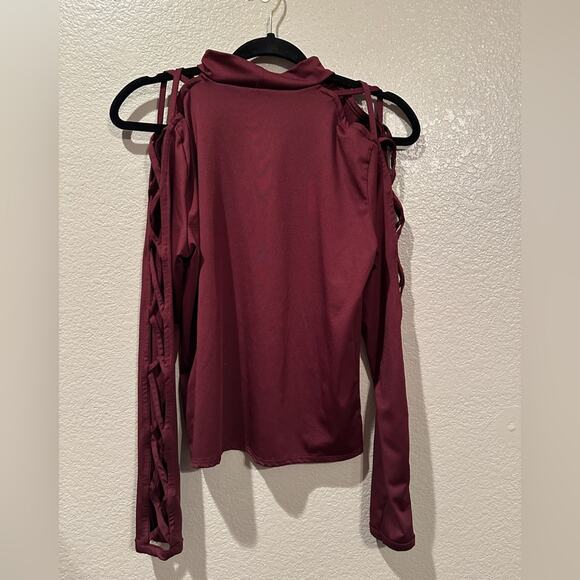 Divided lattice cold shoulder sleeve mock neck long sleeve sz L - Picture 5 of 5